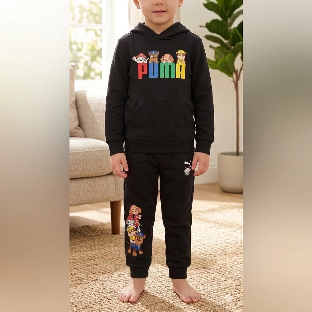 Puma Kids Black Jogger Set with Colorful Characters